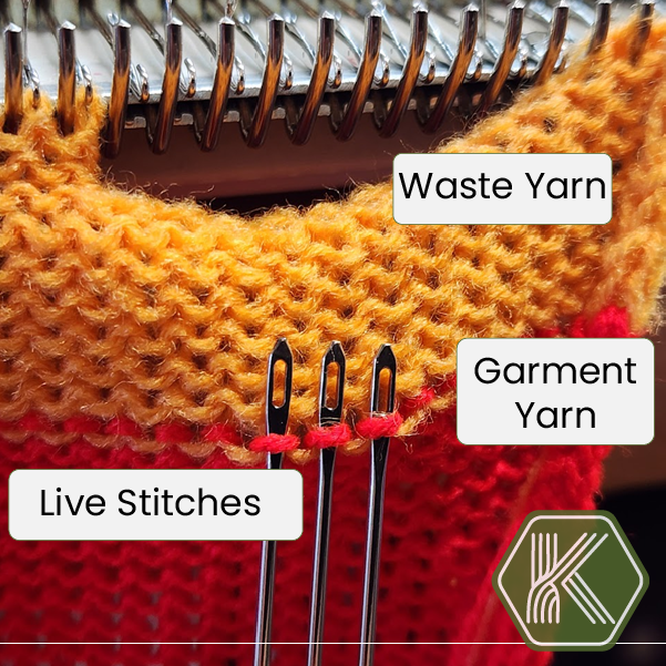 Scrapping off knitting with waste yarn to hold live stitches safely